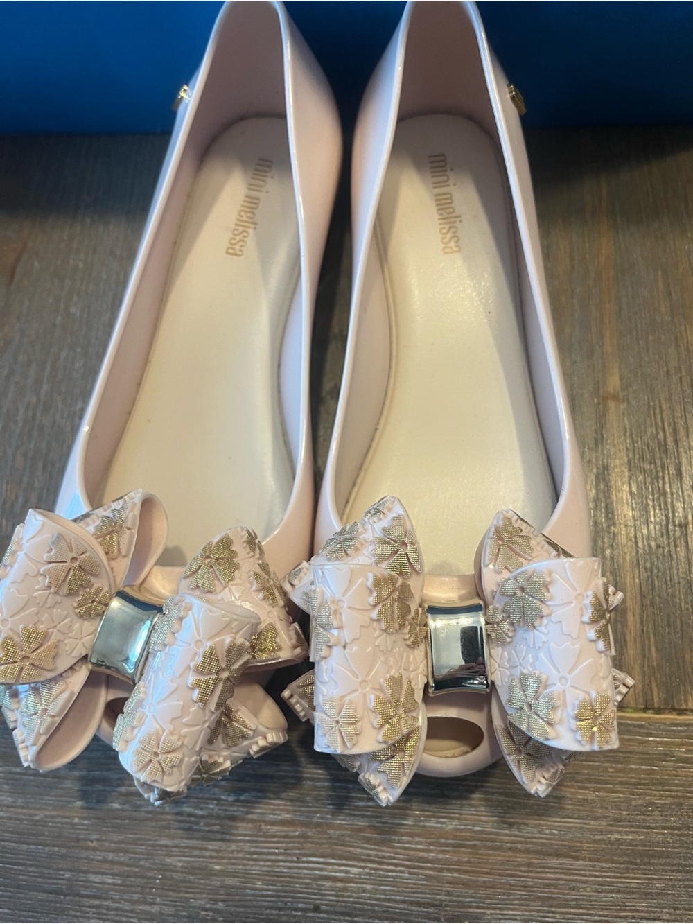 Mini Melissa Pale Pink Bow Peep-Toe Flats with Gold Detail